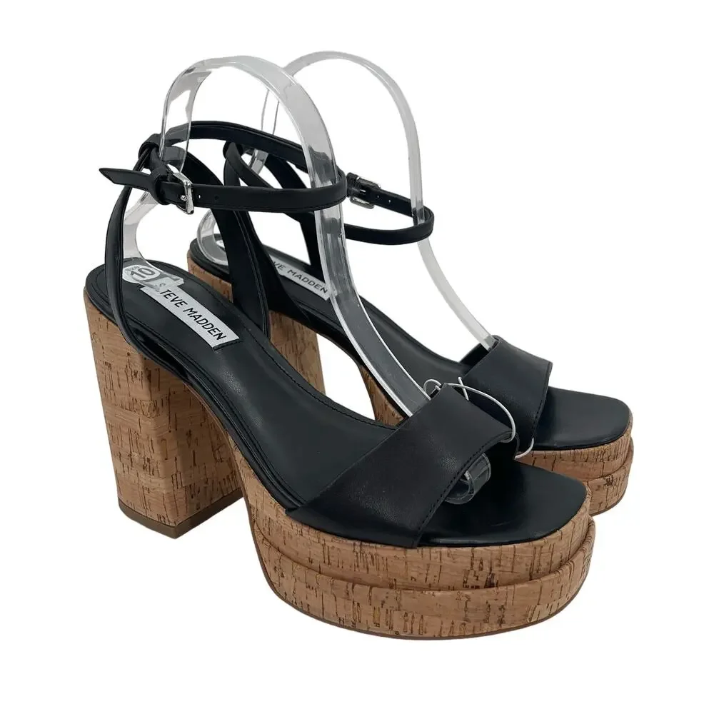NEW STEVE MADDEN Warped Heels Size 10 Platform Leather Black Cork Y2K Inspired